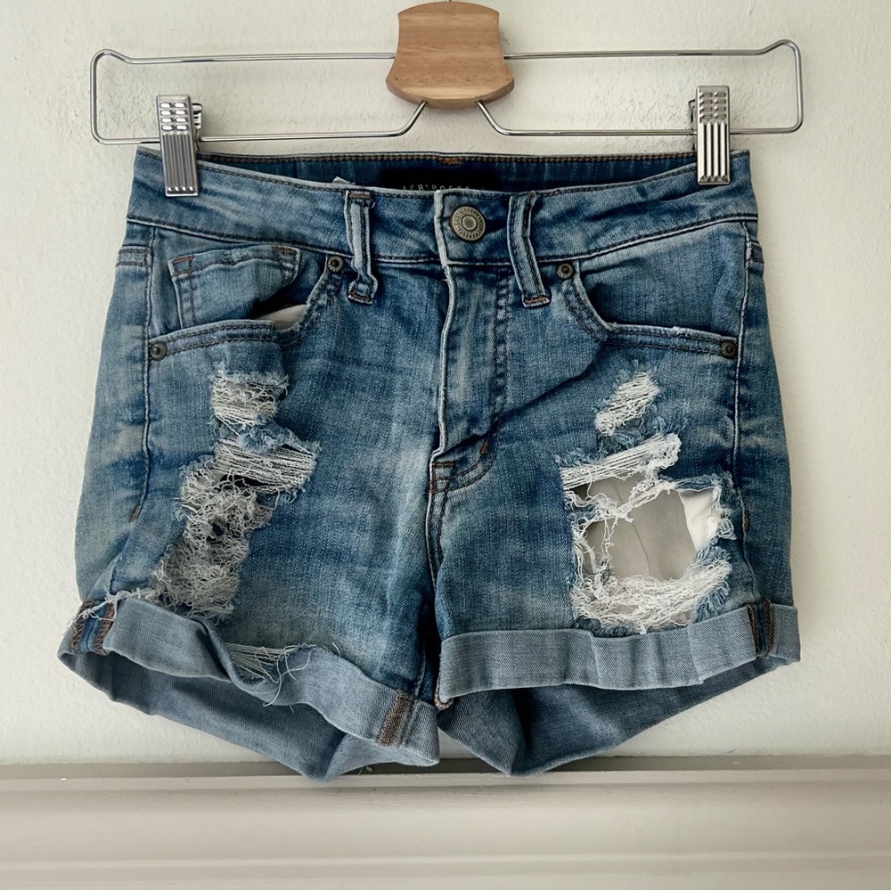 Aeropostale 0 High Waisted Midi Blue Distressed Jean Shorts